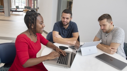 SOE grad students Faith Johnson (SOE '19), Peri Akiva and Matthew Purri study together at Weeks Hall of Engineering.