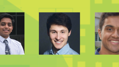 headshots of three male students on lime green background