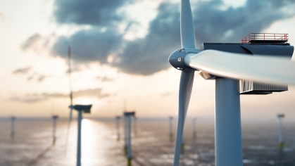 Offshore wind power and energy farm with many wind turbines on the ocean