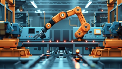 Orange robotic arm in a factory setting.