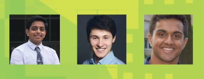 headshots of three male students on lime green background