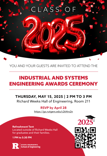 Red confetti with red Class of 2025 red balloons invitation for Industrial and Sytems Engineering Awards Celebration.